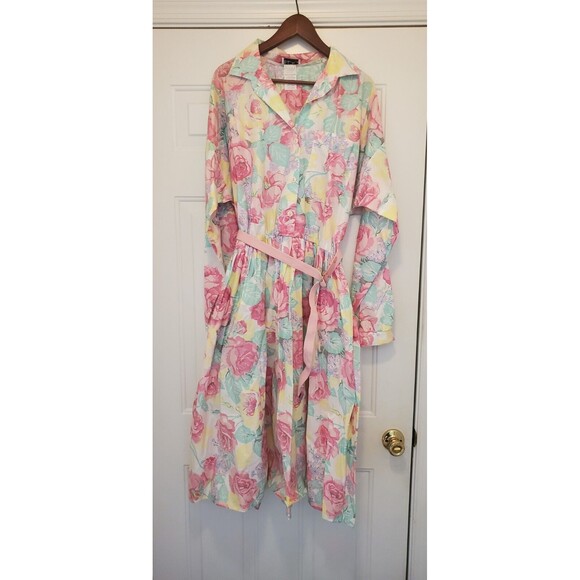 Vtg 1980s Ellen Hart Original Pink Pastel Floral Shirt Dress W/ Belt Flower 22 T - Picture 3 of 16
